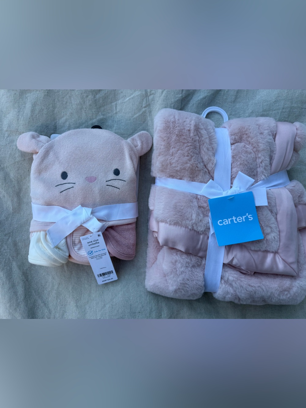 Carter's Pink Hooded Animal towel and Matching Soft Blanket Set baby